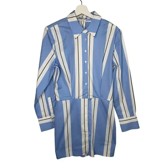 Grey Lab Stripe Power Shoulder Mini Shirtdress Powder Blue/ White Womens M NWT - Picture 3 of 11